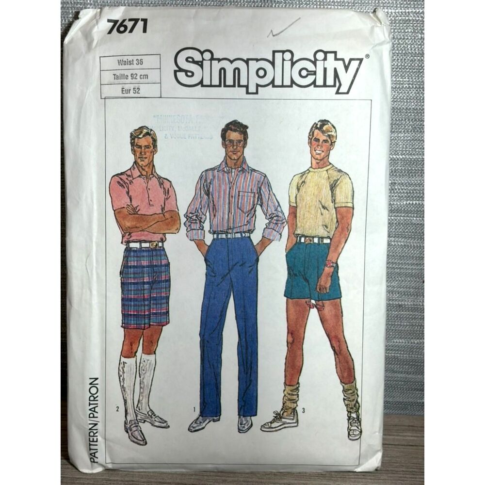 Vintage Simplicity 1986 Pattern 7671 Men's Shorts & Pants Uncut NEW Waist 36"